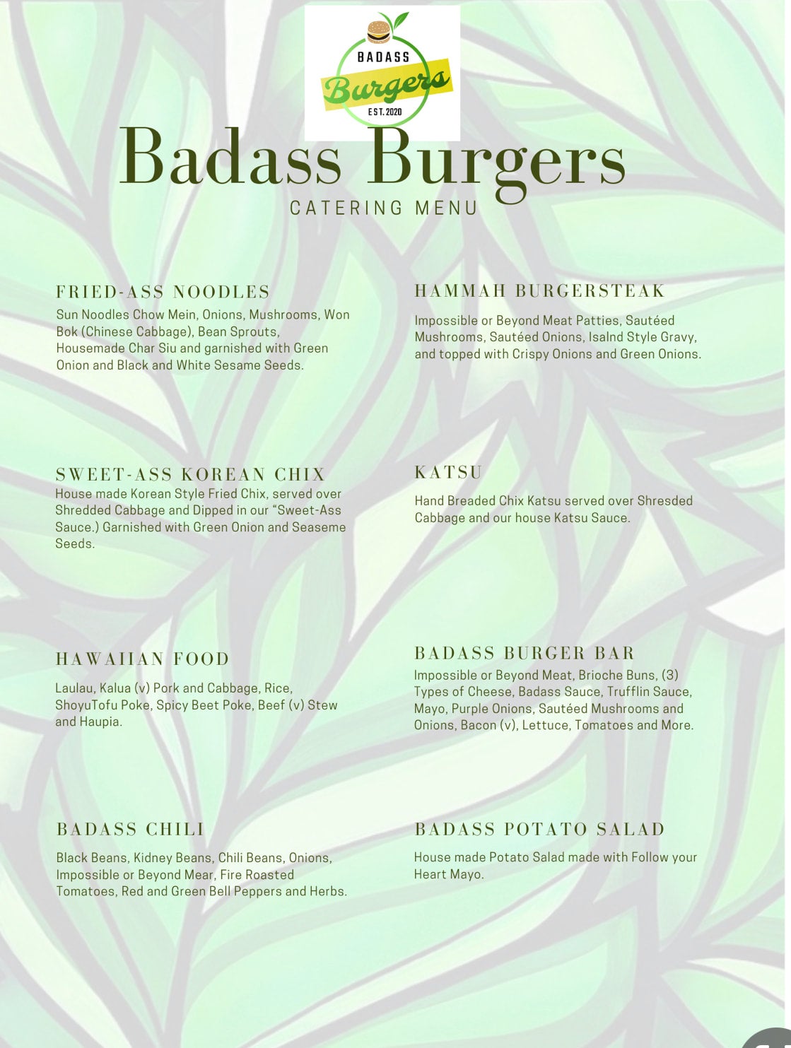 Catering Menu | Badass burgers Ha